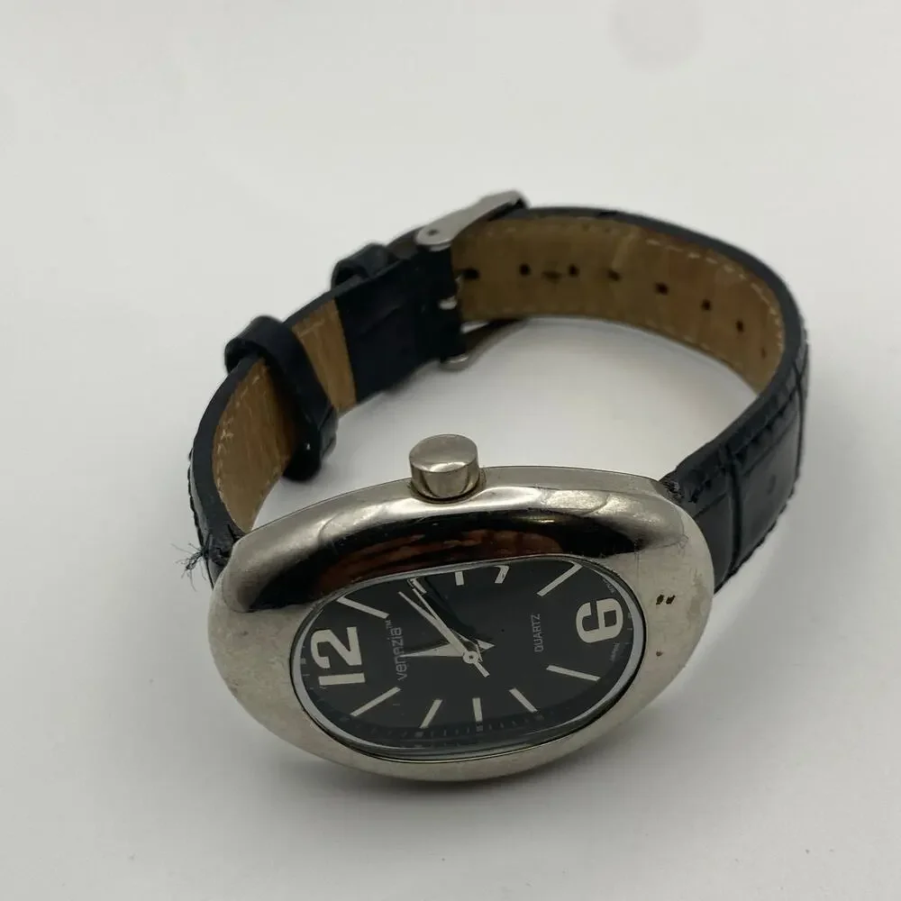 Elegant Venezia Oval Silver-Tone Ladies Watch, Black Band Working New Battery